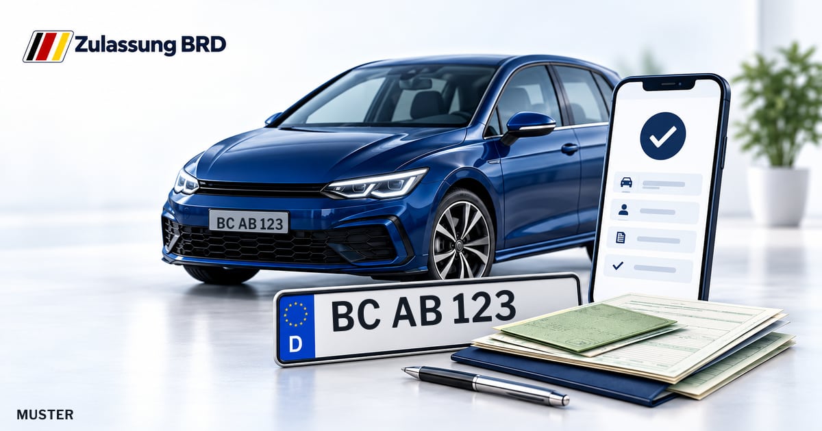 Online Fahrzeugzulassung in Laupheim: Musterkennzeichen BC AB 123, Auto und Fahrzeugpapiere und Smartphone. Illustration mit Logo von Zulassung BRD.